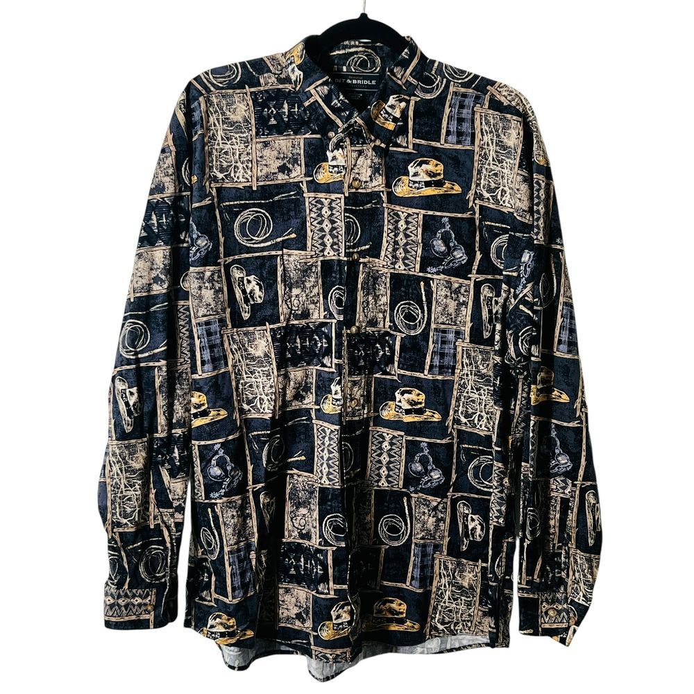Bit‎ & Bridle Outfitters Mens Long Sleeve Cotton Hats Whips Cowboy Rodeo Shirt L